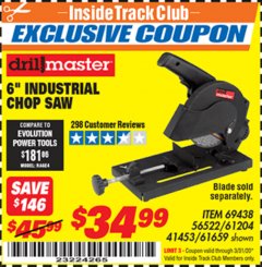 Harbor Freight ITC Coupon 6" 5.5 AMP CUT-OFF SAW Lot No. 41453/61204/61659/69438 Expired: 3/31/20 - $34.99