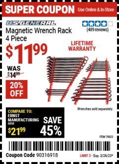 Harbor Freight Coupon U.S. GENERAL MAGNETIC WRENCH RACK, 4 PIECE Lot No. 70023 Expired: 3/26/23 - $11.99