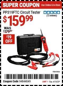 Harbor Freight Coupon PP319FTC CIRCUIT TESTER Lot No. 58566 Expired: 4/13/23 - $159.99