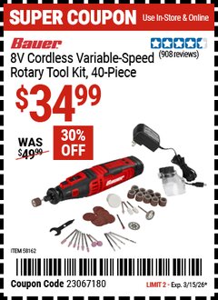 Harbor Freight Coupon BAUER 8V CORDLESS VARIABLE-SPEED ROTARY TOOL KIT, 40-PIECE Lot No. 58162 Expired: 3/15/26 - $34.99