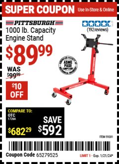 Harbor Freight Coupon 1000LB CAPACITY ENGINE STAND Lot No. 59201 Expired: 1/21/24 - $89.99