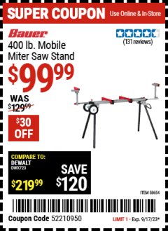 Harbor Freight Coupon BAUER 400 LB. MOBILE FOLDING MITER SAW STAND Lot No. 58654 Expired: 9/17/23 - $99.99
