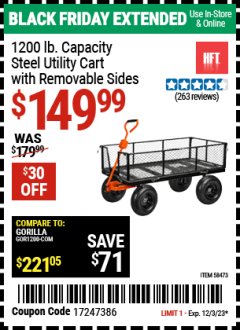 Harbor Freight Coupon 1200 LB. CAPACITY STEEL UTILITY CART WITH REMOVABLE SIDES Lot No. 58473 Expired: 12/3/23 - $149.99