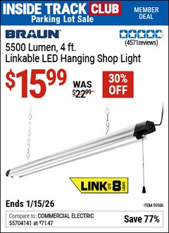 Harbor Freight ITC Coupon BRAUN 5500 LUMEN, 4 FT. LINKABLE LED HANGING SHOP LIGHT Lot No. 59506 Expired: 1/15/26 - $15.99