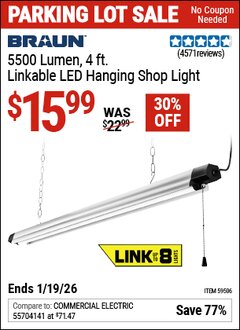 Harbor Freight Coupon BRAUN 5500 LUMEN, 4 FT. LINKABLE LED HANGING SHOP LIGHT Lot No. 59506 Expired: 12/31/69 - $15.99
