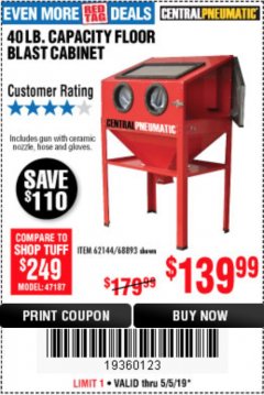 Harbor Freight Coupon 40 LB. CAPACITY FLOOR BLAST CABINET Lot No. 68893/62144/93608 Expired: 5/5/19 - $139.99