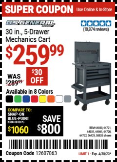 Harbor Freight Coupon 30IN, 5-DRAWER MECHANICS CART Lot No. 64030, 64721, 64031, 64061, 64720, 64722, 56429, 58833 Expired: 4/30/23 - $259.99