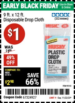 Harbor Freight Coupon 9X12 FT DISPOSABLE DROP CLOTH Lot No. 95142 Expired: 11/22/23 - $1