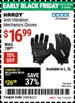 Harbor Freight Coupon HARDY ANTI-VIBRATION MECHANIC'S GLOVES L, XL Lot No. 58696, 58697 Expired: 11/22/23 - $16.99