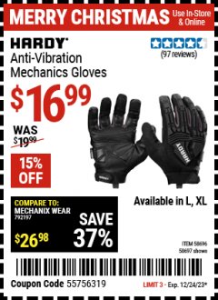 Harbor Freight Coupon HARDY ANTI-VIBRATION MECHANIC'S GLOVES L, XL Lot No. 58696, 58697 Expired: 12/11/23 - $16.99