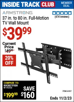 Harbor Freight ITC Coupon ARMSTRONG 37”-80” FULL MOTION TV WALL MIUNT Lot No. 56644, 64357 Expired: 11/2/23 - $39.99