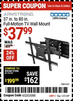 Harbor Freight Coupon ARMSTRONG 37”-80” FULL MOTION TV WALL MIUNT Lot No. 56644, 64357 Expired: 1/21/24 - $37.99