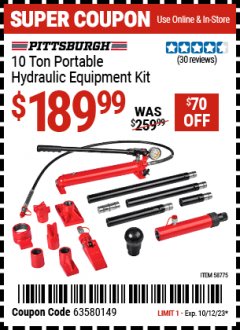 Harbor Freight Coupon 10 TON PORTABLE HYDRAULIC EQUIPMENT KIT Lot No. 58775 Expired: 10/12/23 - $189.99