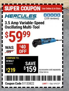 Harbor Freight Coupon 3.5 AMP VARIABLE-SPEED OSCILLATING MULTI-TOOL Lot No. 59510 Expired: 6/4/23 - $59.99