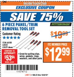 Harbor Freight ITC Coupon 6 PIECE PANEL/TRIM REMOVAL TOOL SET Lot No. 66188 Expired: 10/9/18 - $12.99