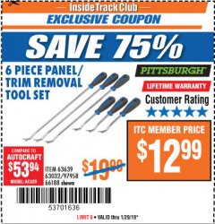 Harbor Freight ITC Coupon 6 PIECE PANEL/TRIM REMOVAL TOOL SET Lot No. 66188 Expired: 1/29/19 - $12.99