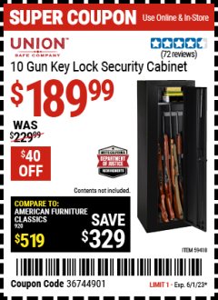 Harbor Freight Coupon UNION SAFE COMPANY 10 GUN KEY LOCK SECURITY CABINET Lot No. 59418 Expired: 6/1/23 - $189.99