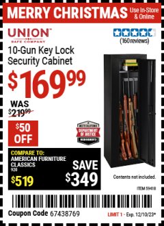 Harbor Freight Coupon UNION SAFE COMPANY 10 GUN KEY LOCK SECURITY CABINET Lot No. 59418 Expired: 12/10/23 - $169.99
