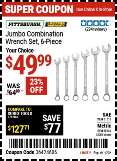 Harbor Freight Coupon JUMBO COMBINATION WRENCH SET, 6-PIECE Lot No. 61513/61514/33284 Expired: 6/1/23 - $49.99