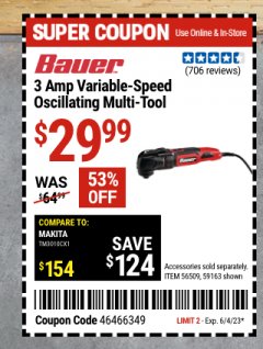 Harbor Freight Coupon 3 AMP VARIABLE-SPEED OSCILLATING MULTI-TOOL Lot No. 59163/56509 EXPIRES: 6/4/23 - $29.99
