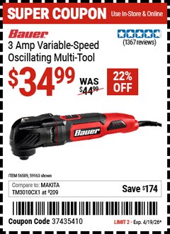 Harbor Freight Coupon BAUER 3 AMP VARIABLE-SPEED OSCILLATING MULTI-TOOL Lot No. 59163/56509 Expired: 4/19/26 - $34.99