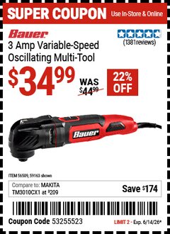 Harbor Freight Coupon BAUER 3 AMP VARIABLE-SPEED OSCILLATING MULTI-TOOL Lot No. 59163/56509 Expired: 6/14/26 - $34.99