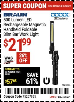 Harbor Freight Coupon 500 LUMEN LED RECHARGEABLE MAGNETIC HANDHELD FOLDABLE SLIM BAR WORK LIGHT Lot No. 59536 Expired: 7/30/23 - $21.99
