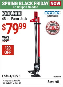 Harbor Freight Coupon BADLAND 48 IN. FARM JACK Lot No. 58395 Expired: 4/12/26 - $79.99