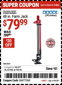 Harbor Freight Coupon BADLAND 48 IN. FARM JACK Lot No. 58395 Expired: 4/19/26 - $79.99