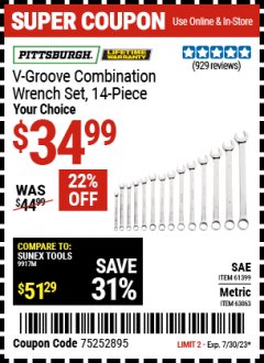 Harbor Freight Coupon PITTSBURGH V-GROOVE COMBINATION WRENCH SET,14 PIECE Lot No. 61399/63063 Expired: 7/30/23 - $34.99