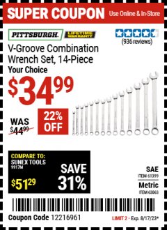 Harbor Freight Coupon PITTSBURGH V-GROOVE COMBINATION WRENCH SET,14 PIECE Lot No. 61399/63063 Expired: 8/17/23 - $34.99