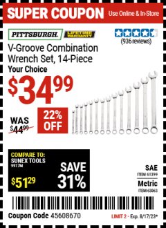 Harbor Freight Coupon PITTSBURGH V-GROOVE COMBINATION WRENCH SET,14 PIECE Lot No. 61399/63063 Expired: 8/17/23 - $34.99