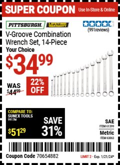 Harbor Freight Coupon PITTSBURGH V-GROOVE COMBINATION WRENCH SET,14 PIECE Lot No. 61399/63063 Expired: 1/21/24 - $34.99