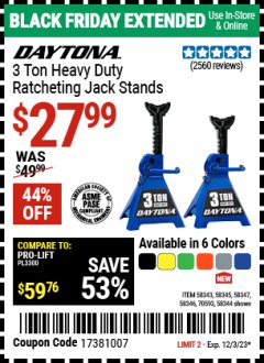 Harbor Freight Coupon 3 TON HEAVY DUTY RATCHETING JACK STANDS Lot No. 58343/58344/58345/58346/58347 Valid Thru: 12/3/23 - $27.99