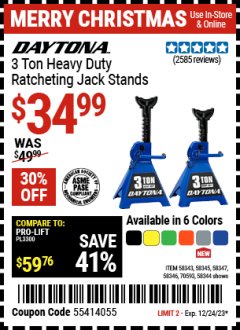 Harbor Freight Coupon 3 TON HEAVY DUTY RATCHETING JACK STANDS Lot No. 58343/58344/58345/58346/58347 Expired: 12/24/23 - $34.99