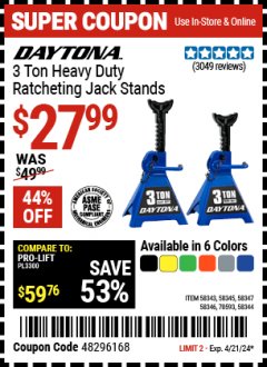 Harbor Freight Coupon 3 TON HEAVY DUTY RATCHETING JACK STANDS Lot No. 58343/58344/58345/58346/58347 Expired: 4/21/24 - $27.99