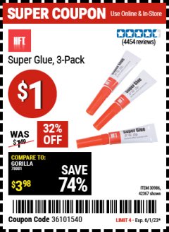 Harbor Freight Coupon HFT SUPER GLUE, 3-PACK Lot No. 42367/30986 Expired: 6/1/23 - $1