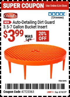 Harbor Freight Coupon GRANT'S AUTO DETAILING DIRT GUARD 3.5-7 GALLON BUCKET INSERT Lot No. 58495 Expired: 6/18/23 - $3.99