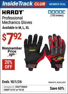 Harbor Freight Coupon HARDY PROFESSIONAL MECHANICS GLOVES Lot No. 64731/62524/62525/64947/56249 Valid: 12/31/69 - 10/1/26 - $7.92