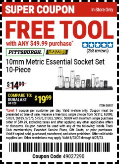 Harbor Freight FREE Coupon PITTSBURGH 10MM METRIC ESSENTIAL SOCKET SET 10-PIECE Lot No. 58957 Expired: 6/25/23 - FWP