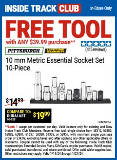 Harbor Freight FREE Coupon PITTSBURGH 10MM METRIC ESSENTIAL SOCKET SET 10-PIECE Lot No. 58957 Expired: 1/21/24 - FWP
