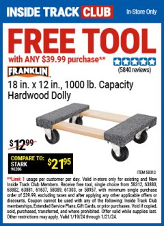 Harbor Freight FREE Coupon FRANKLIN 18 IN. X 12 IN., 1000 LB. CAPACITY HARDWOOD DOLLY Lot No. 63098 93886 61899 63098 57031 56185 57575 57576 61303 58957 58089 Expired: 1/21/24 - FWP