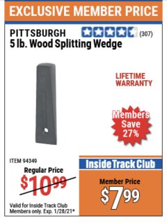 Harbor Freight ITC Coupon 5 LB. WOOD SPLITTING WEDGE Lot No. 94349/61185 Expired: 1/28/21 - $7.99