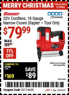 Harbor Freight Coupon 20V CORDLESS 18 GAUGE NARROW CROWN STAPLER TOOL ONLY Lot No. 59098 Expired: 12/24/23 - $79.99