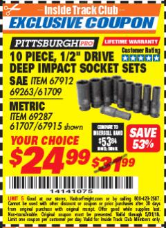 Harbor Freight ITC Coupon 10 PIECE 1/2" DRIVE DEEP WALL IMPACT SOCKET SETS Lot No. 67912/61709/69263/67915/69287/61707 Expired: 5/31/18 - $24.99