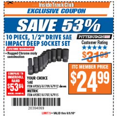 Harbor Freight ITC Coupon 10 PIECE 1/2" DRIVE DEEP WALL IMPACT SOCKET SETS Lot No. 67912/61709/69263/67915/69287/61707 Expired: 6/5/18 - $24.99