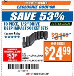 Harbor Freight ITC Coupon 10 PIECE 1/2" DRIVE DEEP WALL IMPACT SOCKET SETS Lot No. 67912/61709/69263/67915/69287/61707 Expired: 7/24/18 - $24.99