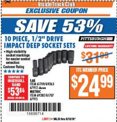 Harbor Freight ITC Coupon 10 PIECE 1/2" DRIVE DEEP WALL IMPACT SOCKET SETS Lot No. 67912/61709/69263/67915/69287/61707 Expired: 9/18/18 - $24.99