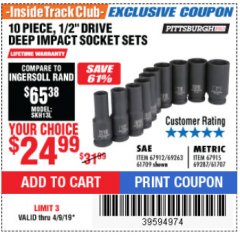 Harbor Freight ITC Coupon 10 PIECE 1/2" DRIVE DEEP WALL IMPACT SOCKET SETS Lot No. 67912/61709/69263/67915/69287/61707 Expired: 4/9/19 - $24.99