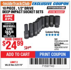 Harbor Freight ITC Coupon 10 PIECE 1/2" DRIVE DEEP WALL IMPACT SOCKET SETS Lot No. 67912/61709/69263/67915/69287/61707 Expired: 5/21/19 - $24.99
